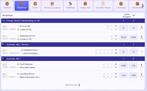 Interface des paris sportifs de basketball avec matchs en direct et cotes pour le Championnat du Monde U-19 et la NBL1 australienne