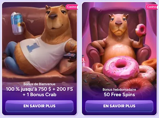 Deux mascottes de casino sur des fauteuils avec des snacks et des offres de bonus